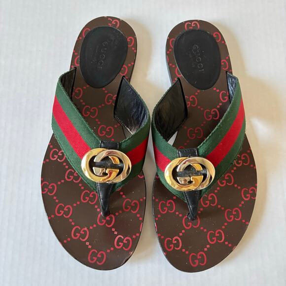 Gucci Kika Interlocking GG Web Stripe Flat Thong Sandals Red Green Size EU 38 - Picture 12 of 12